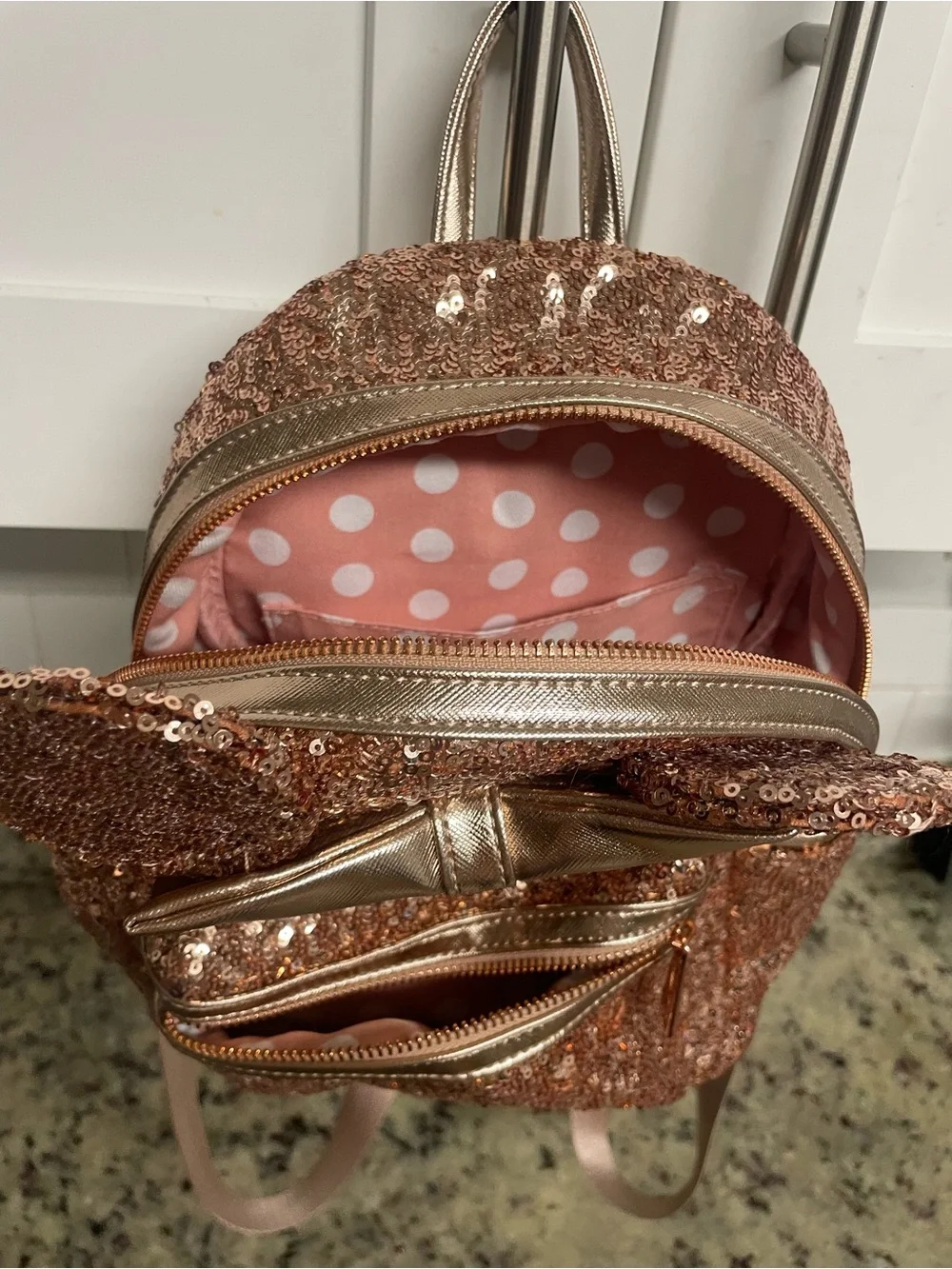 Disney Parks Loungefly Rose Gold Sequined Minnie Mouse Mini Backpack collectible
